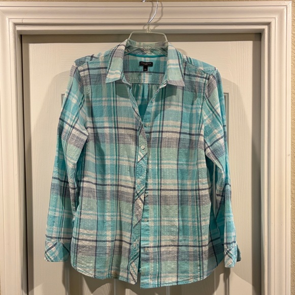 Tops - Talbots Petites Light Teal Plaid Button-Up Shirt size LP like new